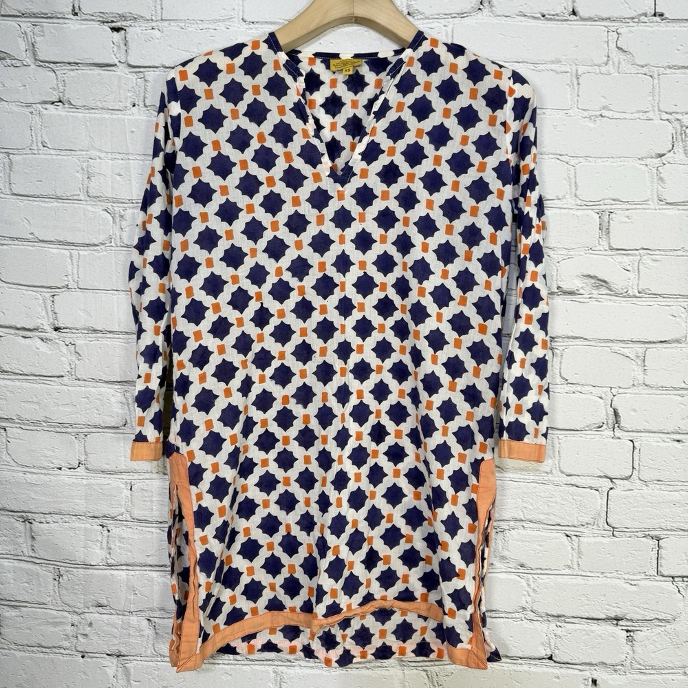 Roller Rabbit Kurta Tunic Womens Size XS Blue‎ Orange Geometric Printed V Neck